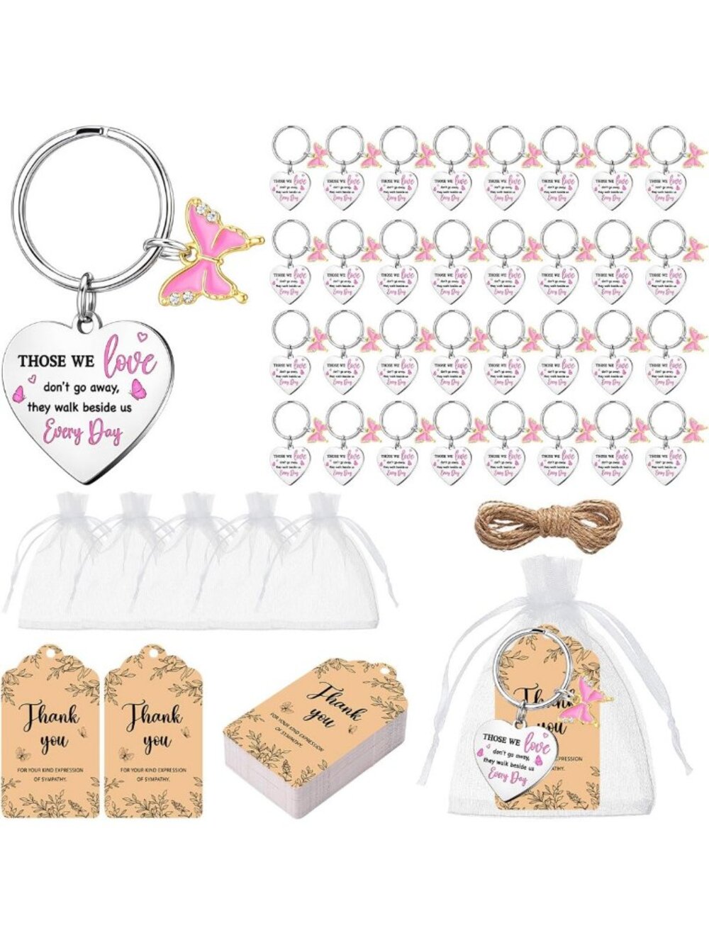 Pink Butterfly Keychains - 50 Set Celebration of Life Funeral Favors